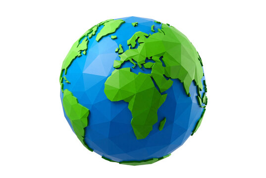 Low poly geometric planet Earth isolated on transparent background, modern triangular faceted globe png for tech brand, infographic and contemporary design