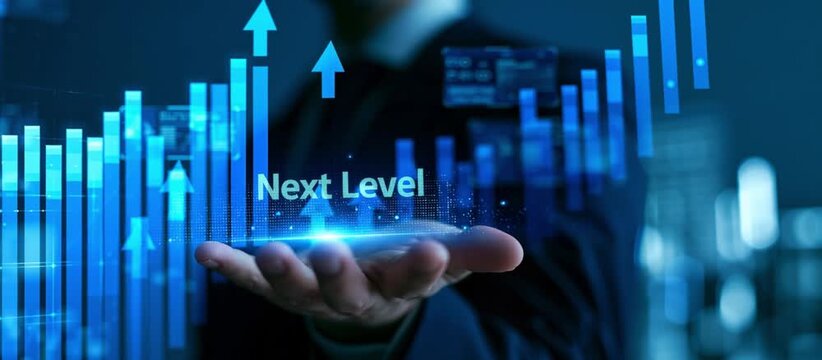 Hand holding Next Level text with rising financial bar chart hologram
