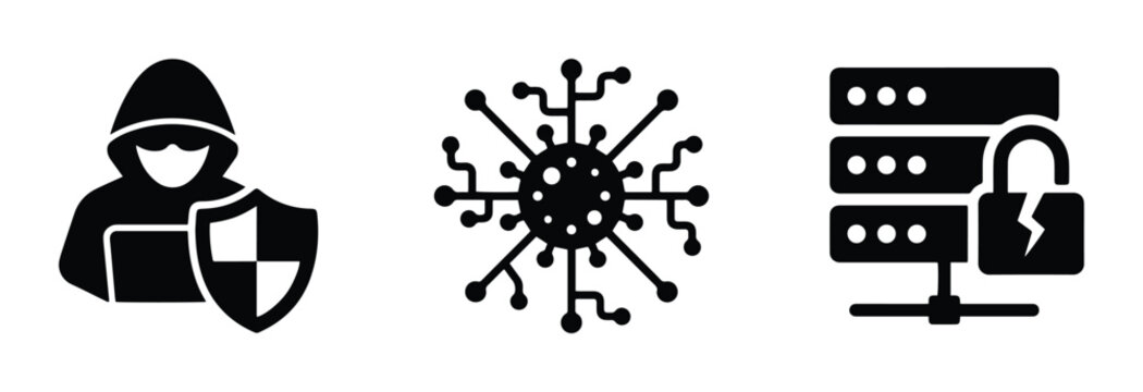 Cybersecurity icons set with hacker, virus and broken lock on server for data protection