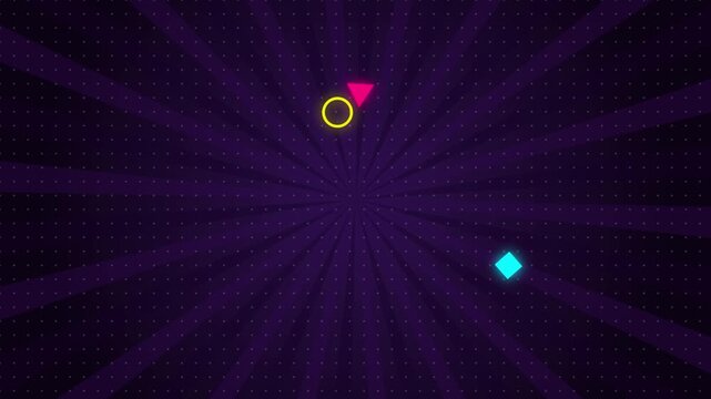 Neon Geometric Motion Graphics Background Featuring Floating Luminous Cyan Square Pink Triangle and Yellow Circle Shapes Rotating on Dark Purple Backdrop with Subtle Pulsing Light Ray Pattern Animatio