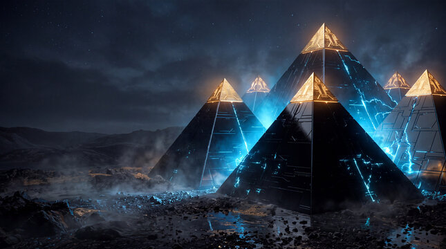 Futuristic black pyramids with golden tops and blue energy on a rocky alien landscape. Artificial intelligence and advanced technology concept. Science fiction architecture.