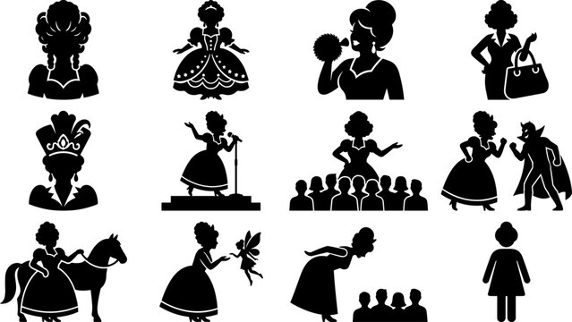 Woman silhouette icon set featuring elegant lady in various activities and roles, black vector illustrations
