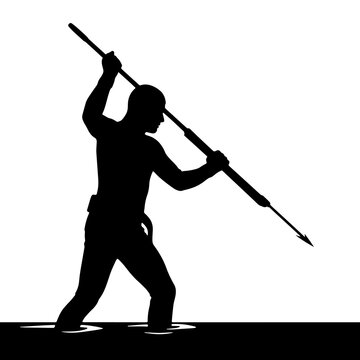 Man with spear hunting or fishing silhouette on transparent background
