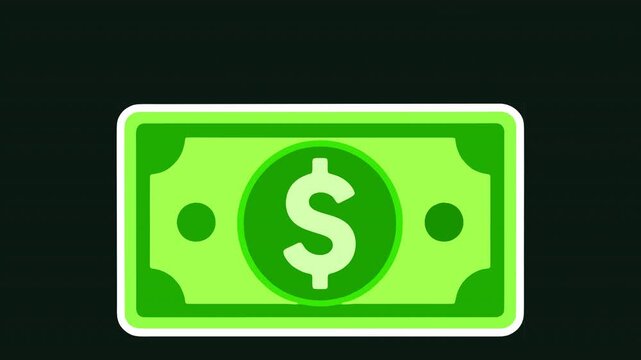 Cartoon green dollar bill sticker with a big dollar sign on a dark background with copy space. Identical bills drop from above one by one and land with a bounce, building a growing stack of paper mone