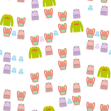 Seamless pattern of cartoon backpacks and sweaters