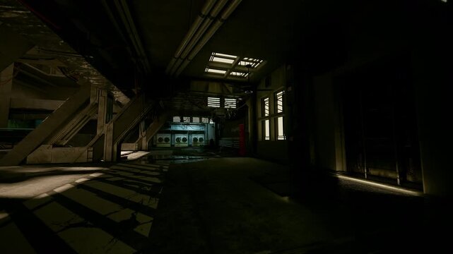 empty maintenance bay with reflective puddles. quiet night shift interior showing red locker, angled support beams, grated staircase, overhead panels casting