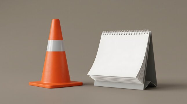 Orange Traffic Cone Placed Next to a Blank White Desk Calendar Mockup