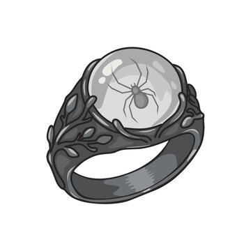     Vector illustration of an antique witch's ring with a spider: a massive piece of blackened metal jewelry with floral patterns and a transparent stone with a spider inside on a white background.
