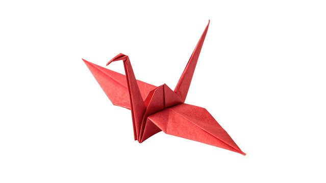 Geometric origami paper bird crane sculpture creative craft red art isolated on transparent background