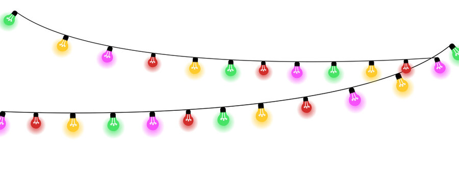 Colorful glowing party string lights hanging in horizontal lines