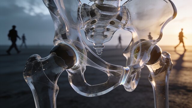 Refracting glass pelvis sculpture catching warm sunset light at coastal promenade, with silhouettes