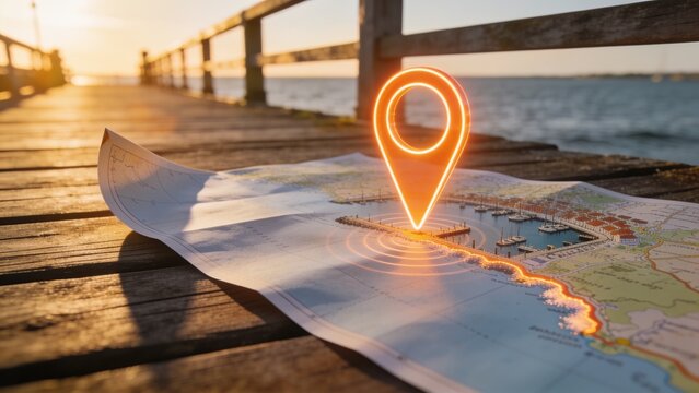 Displaying printed coastal map showing marina boats on pier at sunset, glowing pin casting ripples