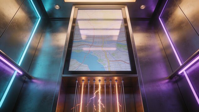 Displaying vertical map screen in elevator, emitting sparks from glowing rods and neon strips