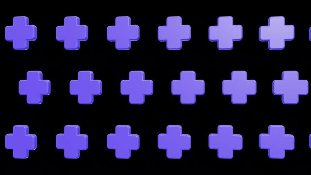 Grid of glossy purple 3D plus sign icons on black