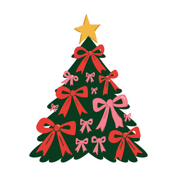 Hand drawn Christmas tree decorated with ribbon bows and star topper vector clipart. Flat coquette naive illustration of pine tree for festive holiday packaging. Vector illustration isolated on white 