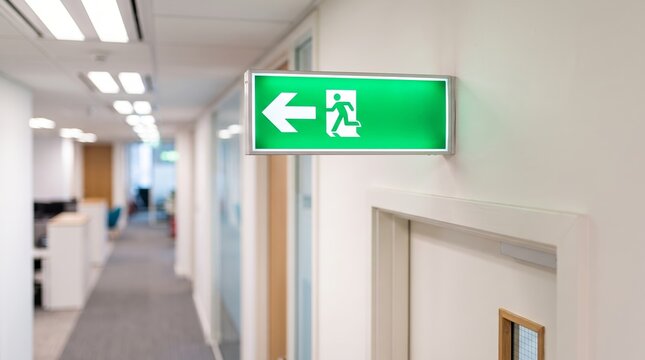 Green emergency exit sign with running figure and left arrow in an office corridor. Building evacuation and fire safety guidance. Emergency preparedness and escape route signage.