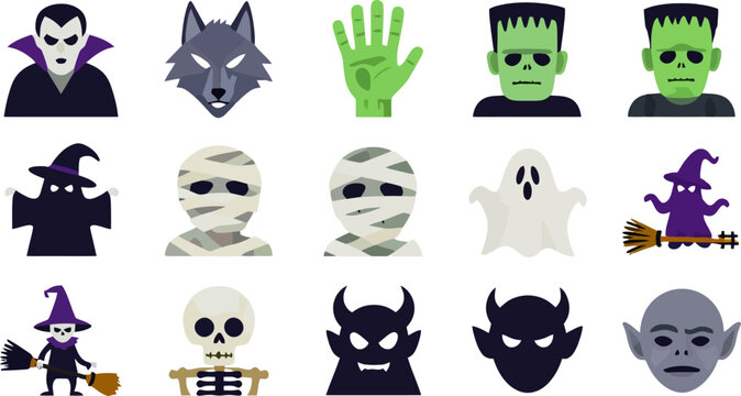 Halloween Icon Set Vampire Wolf Frankenstein Ghost Mummy Witch Skeleton Demon Elf Broom Hat Mask Skull Bat Isolated White