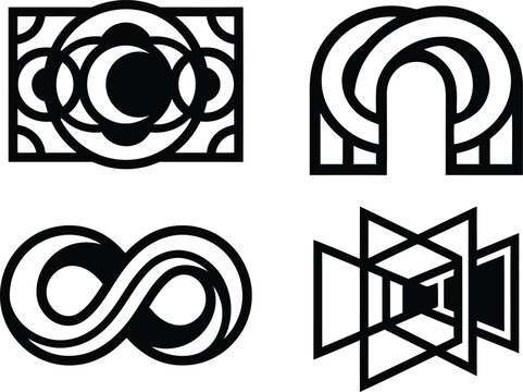 Array of conceptual geometric logos and black linear vector icons with artwork deco patterns and infinity symbol designs.