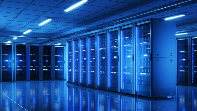 Server room with server tower racks - storage and processing server room, data center AI processing concept. 3d illustration