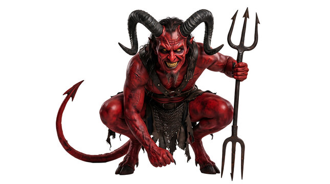 Crouching red devil monster holding pitchfork horror creature photo isolated transparent background
