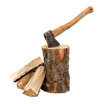 Old metal axe with a wooden handle stuck in a tree stump, with several split logs resting beside it on a white background