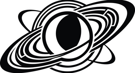 Stylized black and white vector rendering of a ringed planet for astronomy and space layout. © MSTGD