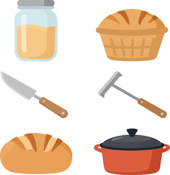 Isolated Vector Illustration Of Jar Basket Knife Scraper Bread And Pot In A Grid Composition With Even Lighting And Neutral Mood