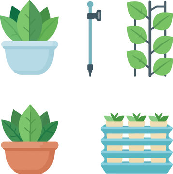 Plant Care Icon Set Watering Can Trellis Seedlings Flat Vector Isolated White Background