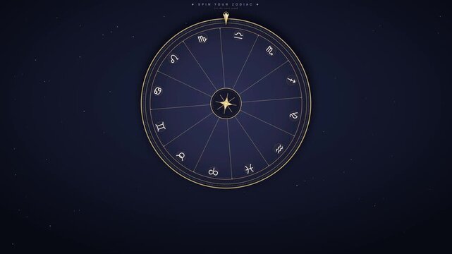 A mystical zodiac wheel spins beneath a golden pointer, revealing one of twelve astrology symbols and an inspiring quote in an elegant celestial 4K motion graphic.