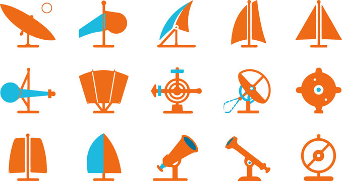 Satellite Dish Flag Sailboat Telescope Radar Wind Turbine Compass Binoculars Globe Flat Vector Icons Set Isolated White