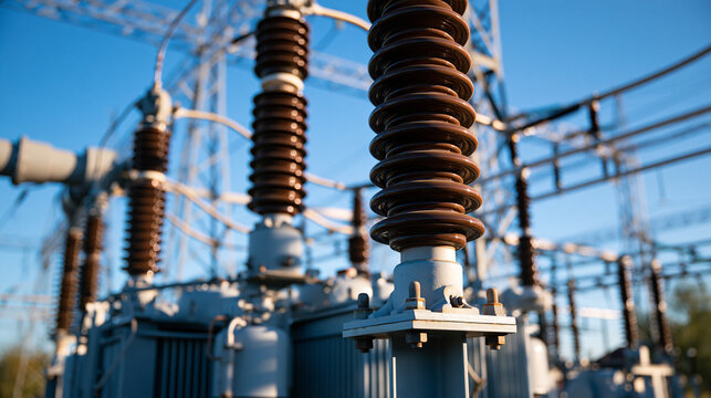 High voltage electrical substation components under a clear blue sky tall ceramic insulators circuit breakers busbars and steel support structures in a low angle view sunlight on grey