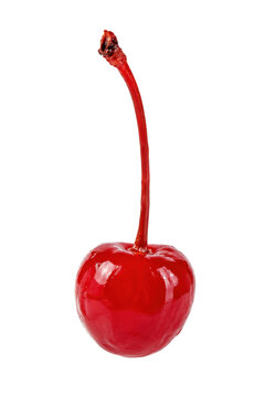 Single bright red maraschino cherry with a long stem stands upright, glistening against a clean white background