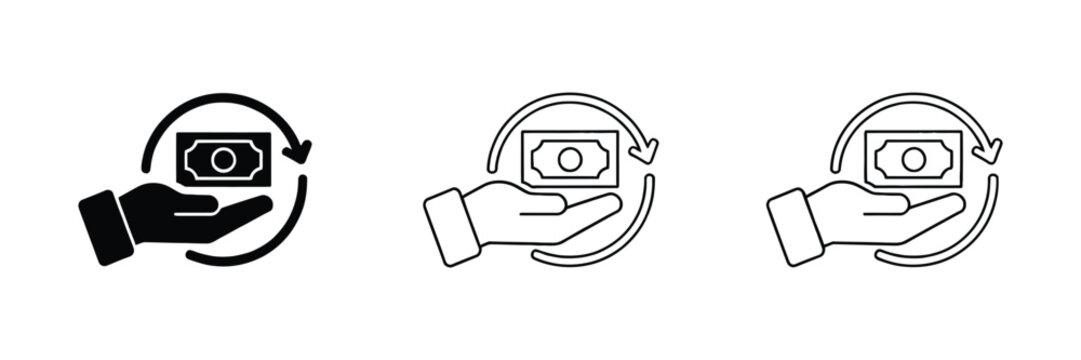 Cashback money transaction hand icon featuring silhouette, outline, and line art styles for digital payments and financial services
