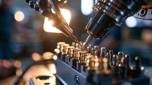 Intricate precision machinery working on tiny threaded metal components close up of a small collet holding a miniature screw while a cutting tool forms the thread row of finished brass