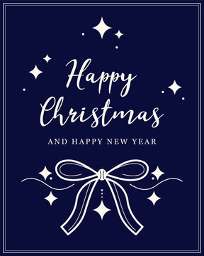 Elegant Happy Christmas and New Year Greeting Poster with Cream Script Typography, Decorative Ribbon Bow, Sparkling Stars and Double Border on Navy Blue Background, Concept of Festive Joy and Holiday 