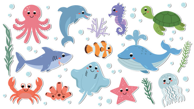 Stickers. Cute flat cartoon set of marine animals including octopus, dolphin, seahorse, turtle, shark, clownfish, blue whale, crab, stingray, starfish, and jellyfish. 