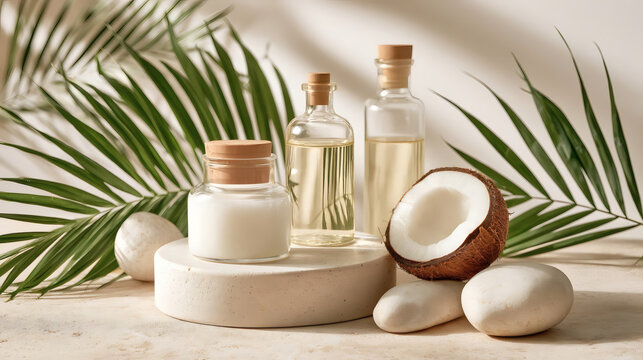 Coconut oil and natural cosmetic products in glass jars with tropical palm leaves and stones on a light background. Spa, skincare, wellness, and beauty concept.