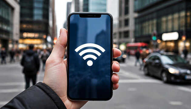 A man's hand holds a smartphone with a Wi-Fi icon on the screen on a city street.