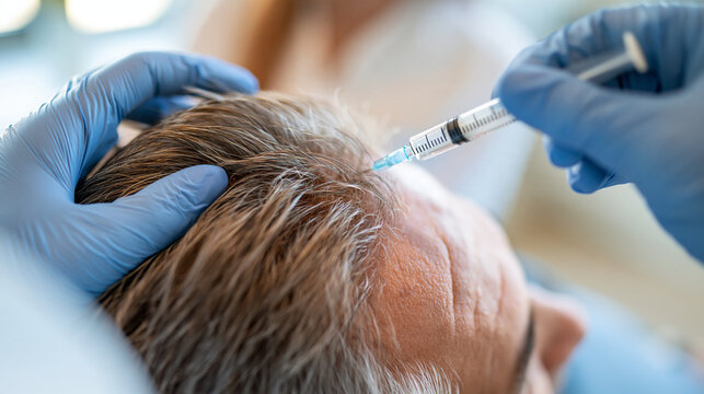 Close up of a european clinician performing a scalp injection on an adult patient treating hair loss with cosmetic medicine needle at the vertex with salt and pepper hair gloved hand