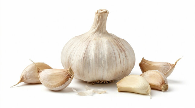 Fresh organic garlic bulb with loose cloves isolated on a transparent