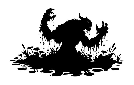 Swamp monster rising from water silhouette on transparent background