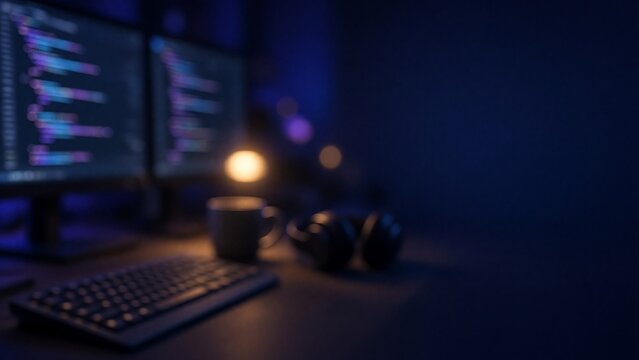 Unscharfer Hintergrund: dunkler Entwickler-Arbeitsplatz mit Monitoren, Code, Tastatur, Kaffeetasse und Kopfh&ouml;rern in blauem Licht