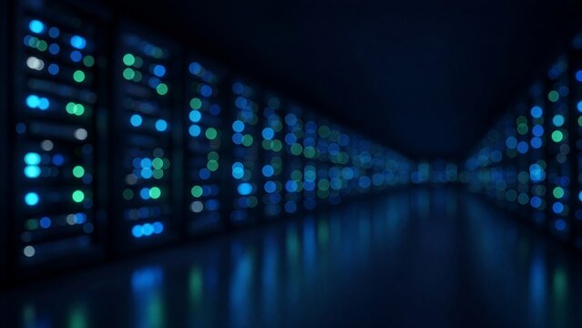 Fondo desenfocado de centro de datos con servidores y luces LED azules y verdes en un pasillo oscuro, efecto bokeh borroso