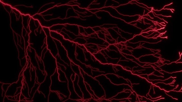 Branching red lightning network grows from a corner to fill black, energy pulses flicker along the branches