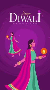 Diwali Festival of Lights Celebration with Traditional Indian Women Holding Diyas, Colorful 4K Motion Graphic Animation
