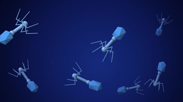 Bacteriophage viruses floating in dark blue and light blue, seamless loop animated background