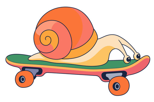 Cartoon snail riding a green skateboard with a large orange and coral spiral shell and bright wheels isolated on a transparent background