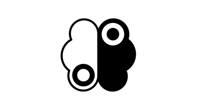 Minimalist vector icon of a split brain cloud with an outlined left half and a solid black right half with ring circles on a clean white background