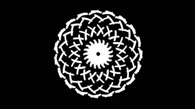 Intricate white circular mandala of zigzag arrows and dashed strokes around a center dot on a black background, ideal for loading and spinner design