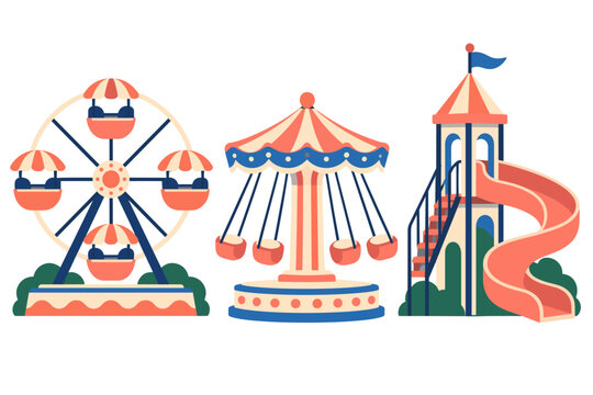Amusement park rides featuring a Ferris wheel and swing carousel beside a tall striped tower with a winding slide and small blue flag